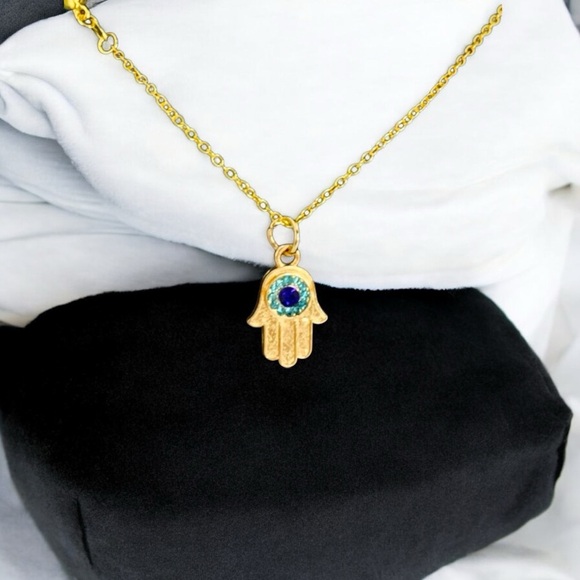 Blue Enamel, Crystal, & Gold Hamsa Evil Eye Necklace - Picture 2 of 3